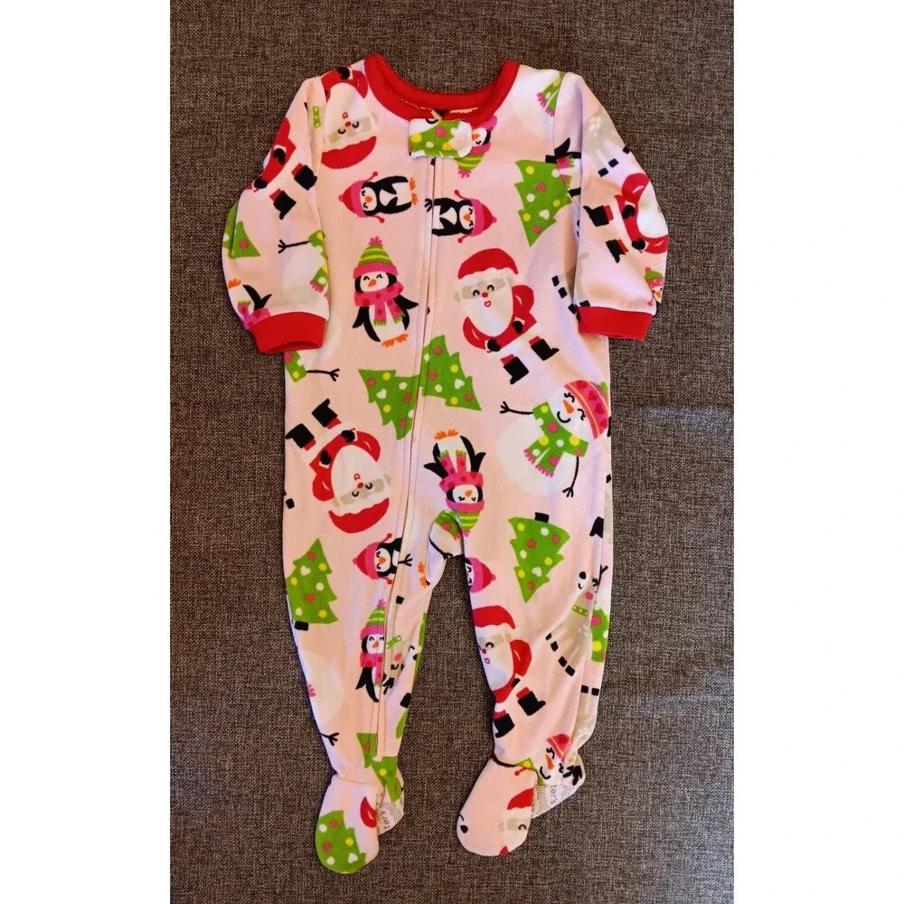 pajamas 12 Month New Carters Christmas Pink Fleece sleeper Santa Holiday Penguin